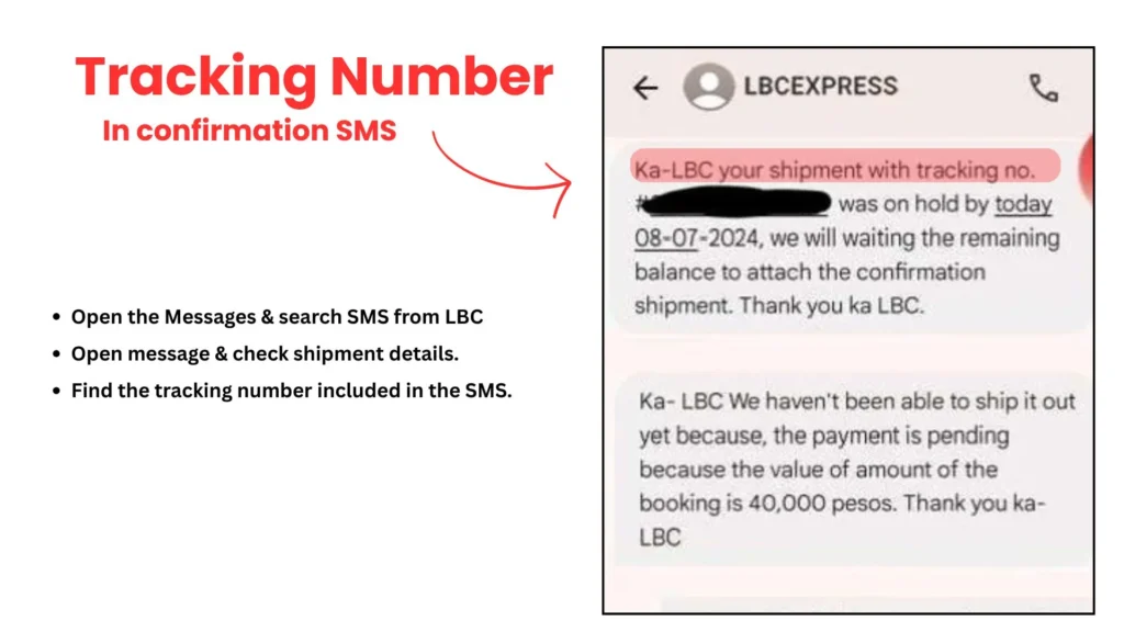 Find LBC Tracking Number in an LBC Express confirmation SMS.