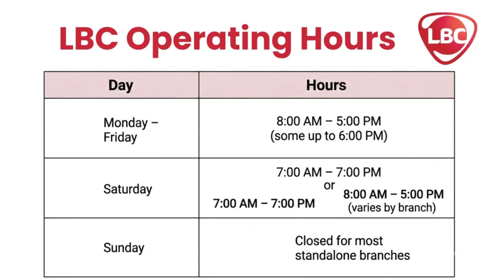 LBC operating hours table for Monday to Sunday.