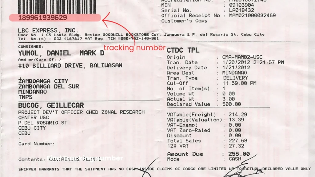 Find LBC Tracking Number In Receipt.