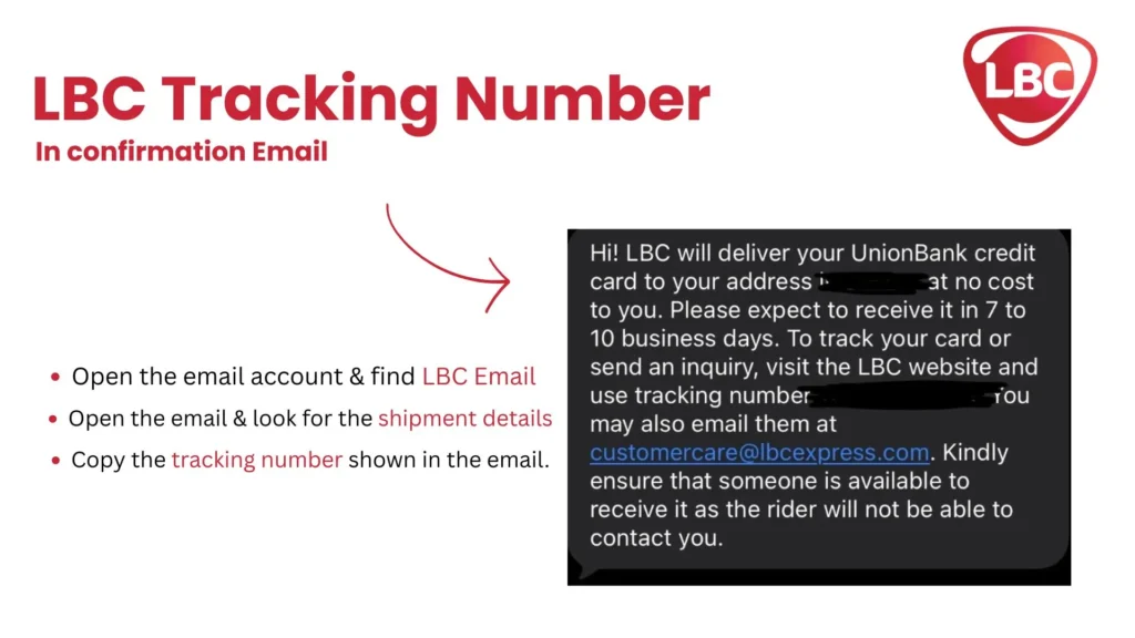 Find your LBC tracking number in the confirmation email and use it to monitor your shipment status.
